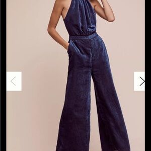 Elevenses Nova Blue Velvet Halter Jumpsuit Sz10 Anthropologie
